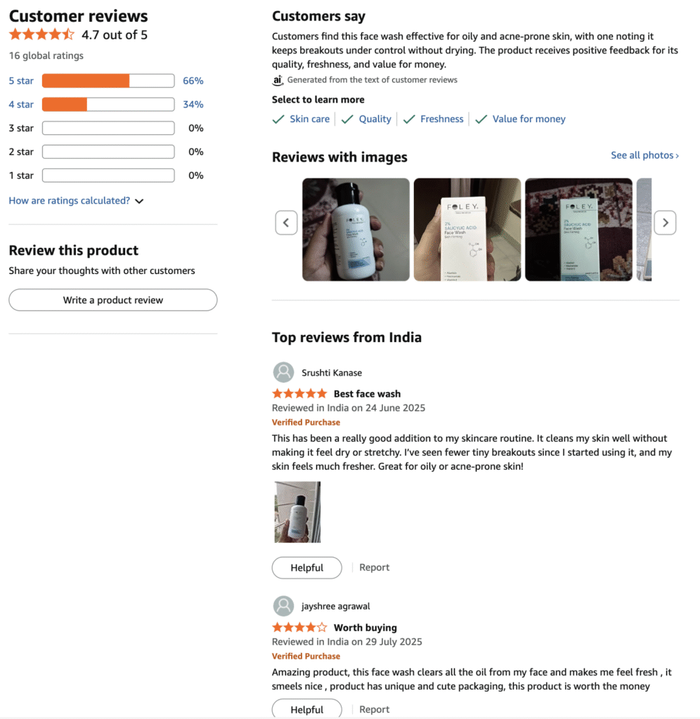 screenshot of foley's 2% salicylic acid face wash's amazon reviews